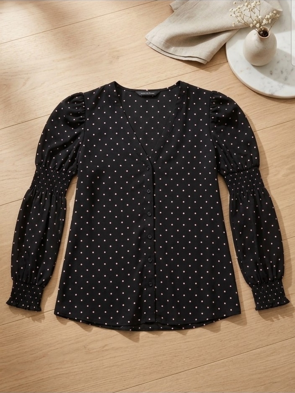 Zara Black Blouse with Pink Polka Dots